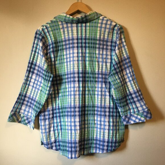 Vintage Alia Plaid Seersucker Green & Blue Picnic Button Down Shirt - Picture 2 of 16